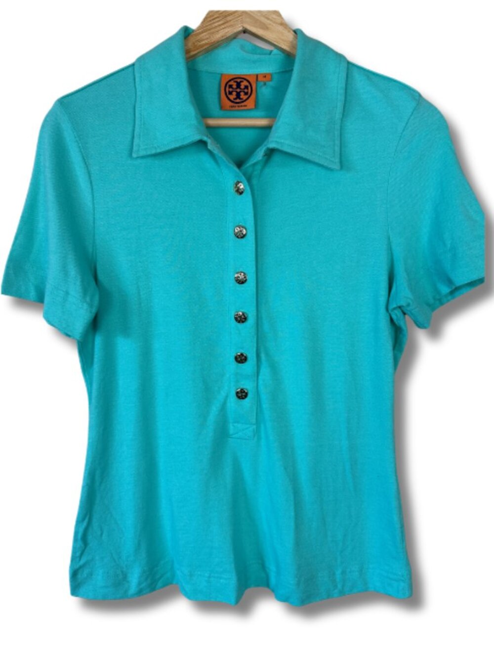 Tory Burch Pima Cotton Polo Shirt Women's Medium Preppy Gold Hardware Aqua Blue